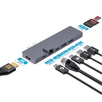 Power Box Hub Dual type C to HDMI 4K, USB3.0*2, Type C PD 100W, Type C regular port, SD/TF Card Reader, RJ45 1000Mbps LAN, 8 in 1 hub,