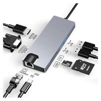 Power Box Hub Type C Hub to USB3.0*2 SD/TF PD RJ45 1000mbps VGA HDMI 8 in 1 hub