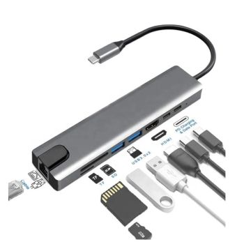 Power Box Hub Type C 8 in 1 hub to PD Type C, USB3.0, USB2.0, HDMI 4K, RJ45, SD/TF Card Reader, 100mbps LAN speed