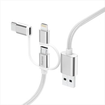 CABLES USB-A HAMA 3 in 1 micro USB, Lightning and USB type C, white 183306