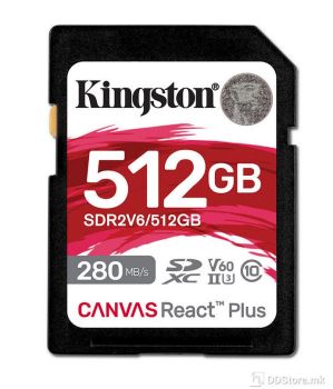 Kingston 512GB Canvas React Plus SDXC UHS-II 280R/100W U3 V60 for Full HD/4K, SDR2V6/512GB