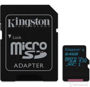 Kingston 64GB microSDXC Canvas Go 90R/45W U3 UHS-I V30 Card + SD Adapter, SDCG2/64GB