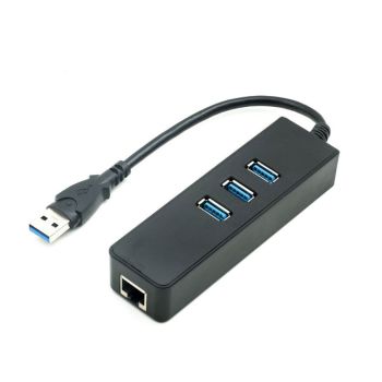 Power Box HUB 4 in 1 with USB 3.0 USB A Connection Cable to 3 x USB 3.0 ports and 1 x Gigabit Network RJ45 LAN, Gray