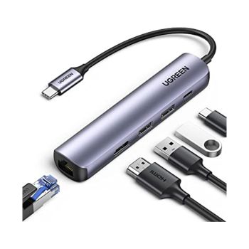 Power Box HUB 4 in 1 with USB 3.1 Type C Connection Cable to 1 x USB 3.0 ports, 1 x USB 3.1 Type C port with PD charging, 1 x Gigabit N