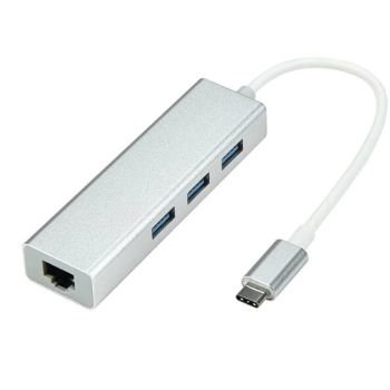 Power Box HUB 4 in 1 with USB 3.1 Type C Connection Cable to 3 x USB 3.0 ports, 1 x Gigabit Network RJ45 LAN Network, White