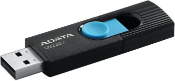 ADATA 32GB USB Flash Drive UV220, Black+Blue, sliding USB connector, capless design eliminates the hassle of lost drive cap, AUV220-32G