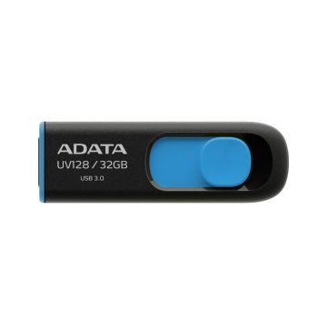 ADATA 32GB USB Flash Drive UV128, Black+Blue, Capless mechanical design, USB 3.2 Gen 1 (backward compatible with USB 2.0), AUV128-32G-R