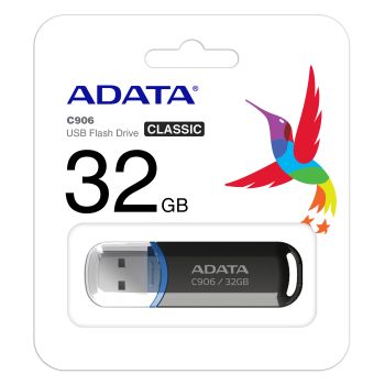 ADATA 32GB USB Flash Drive C906, Black, Design in Elegance, Weighing only 9 grams and measuring a mere 5.8 cm, AC906-32G-RBK