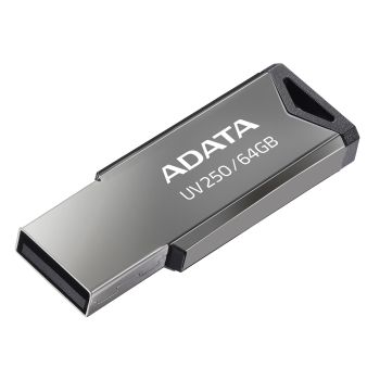 ADATA 64GB USB Flash Drive UV250, Silver, Shiny metal casing and black lanyard hole offer an understated sense of sophistication that p