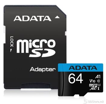 ADATA 64GB microSDHC Class 10 with adapter UHS-I, Seq Read rate up to 100MB/s, AUSDX64GUICL10A1-RA1