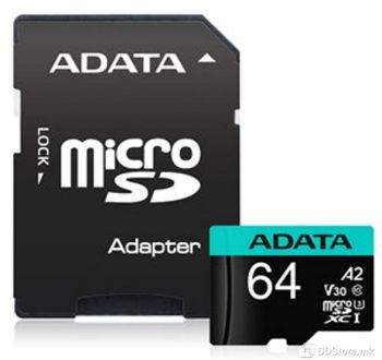 ADATA 64GB microSDHC Class 10 with adapter UHS-I U3, Seq Read/Write rate up to 100 / 75 (MB/s), AUSDX64GUI3V30SA2-RA1