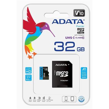 ADATA 32GB microSDHC Class 10 with adapter, Seq Read/Write rate up to 50 / 10 (MB/s), AUSDH32GUICL10-RA1
