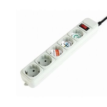 Power Box PW-5 European type 6 ways power strip 5m ( White ), with overload protection switch, with surge protection, without child pro