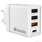 Verbatim Adapter, USB Charger 30W, 4-Port USB Wall Charger, 1 x USB-C® PD 20W / 1 x USB-A QC 3.0 18W / 2 x USB-A 10W, Plug adapter for Type A,B,C,E,F,G,I,J,L,N, White