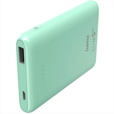 POWER BANK HAMA Slim 5HD 5000mAh 18.5W Input (Micro-USB), Output USB-A mint green, 201665