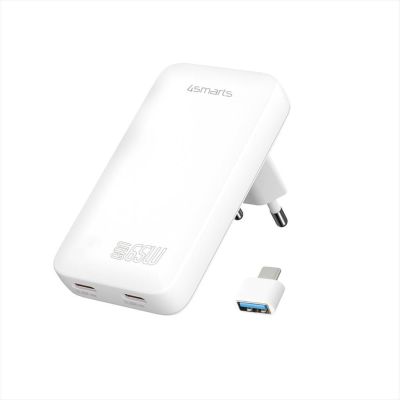 PHONE CHARGER 4SMARTS GaN FlatPlug Slim 2x Type-C 65W w/ USB-C to USB-A adapter, (no cable included), White