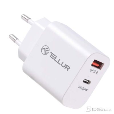 USB Universal Power Charger Tellur 20W Type-C PD/18W USB QC 3.0 White